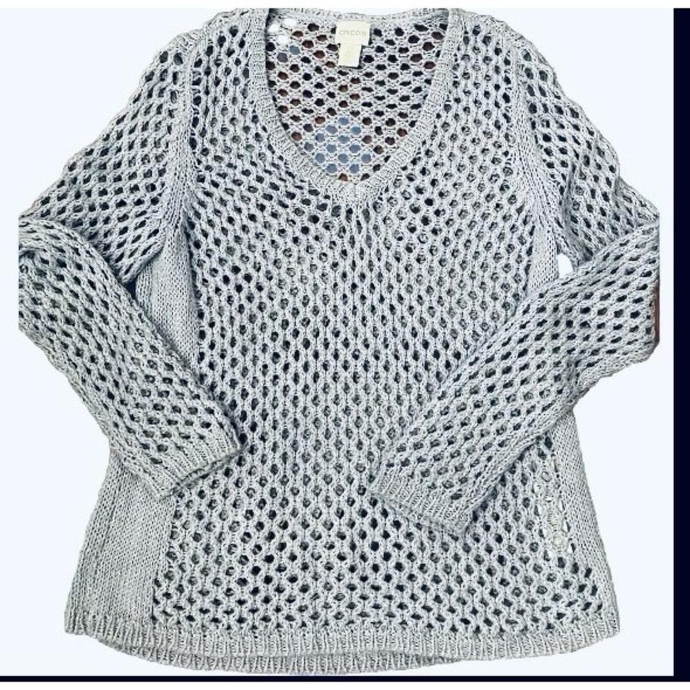 Chicos Sweater Sz O XS Baby Blue Long Sleeve Pullover Stretch Open Knit Mesh Y2K